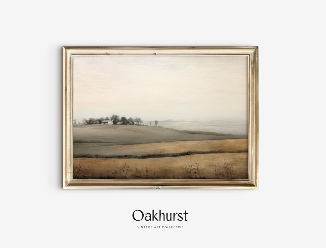 Muted Farm House Landscape Painting Vintage Printable Wall Art Digital Download | Etsy (US)