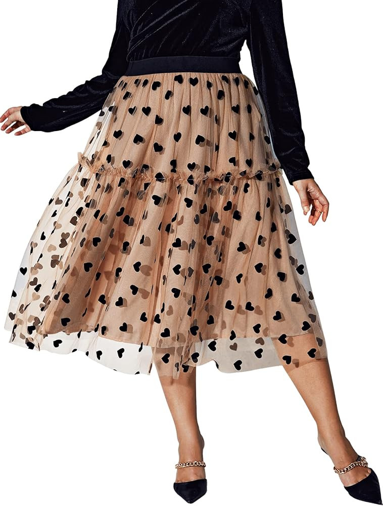 Floerns Women's Plus Size Heart Printed Contrast Mesh Frill Trim Flared Midi Skirt | Amazon (US)
