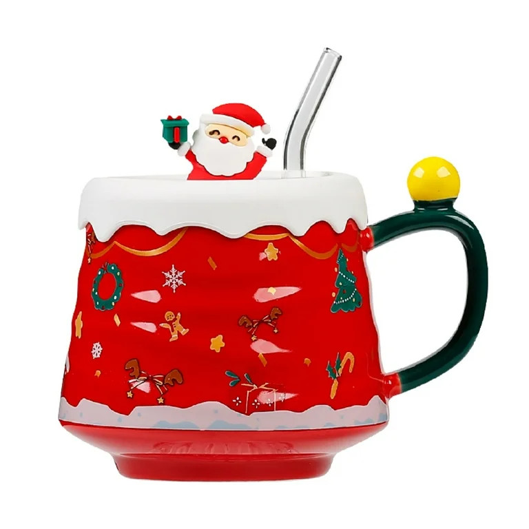 Festive Christmas Mug with Lid & Glass Straw,15.5oz Red Ceramic Coffee Tea Cup, Holiday, Birthday... | Walmart (US)