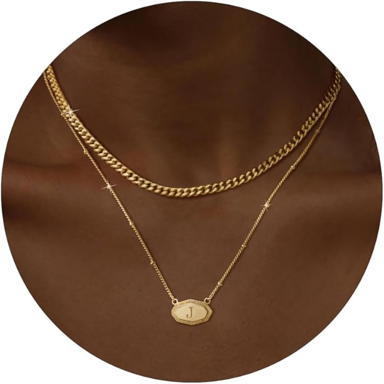 Layered Initial Necklaces for Women 14K Gold Plated Letter Necklace Set Chunky Gold Cuban Chain N... | Amazon (US)