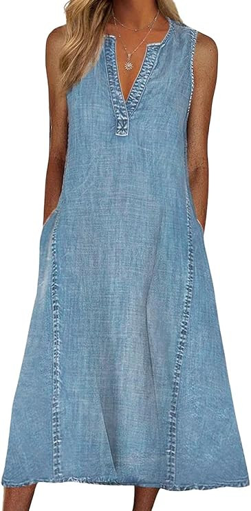 CHARTOU Women Casual Sleeveless Denim Midi Dress A Line Dress Mid Long Tank Dress Jean Shift Dres... | Amazon (US)