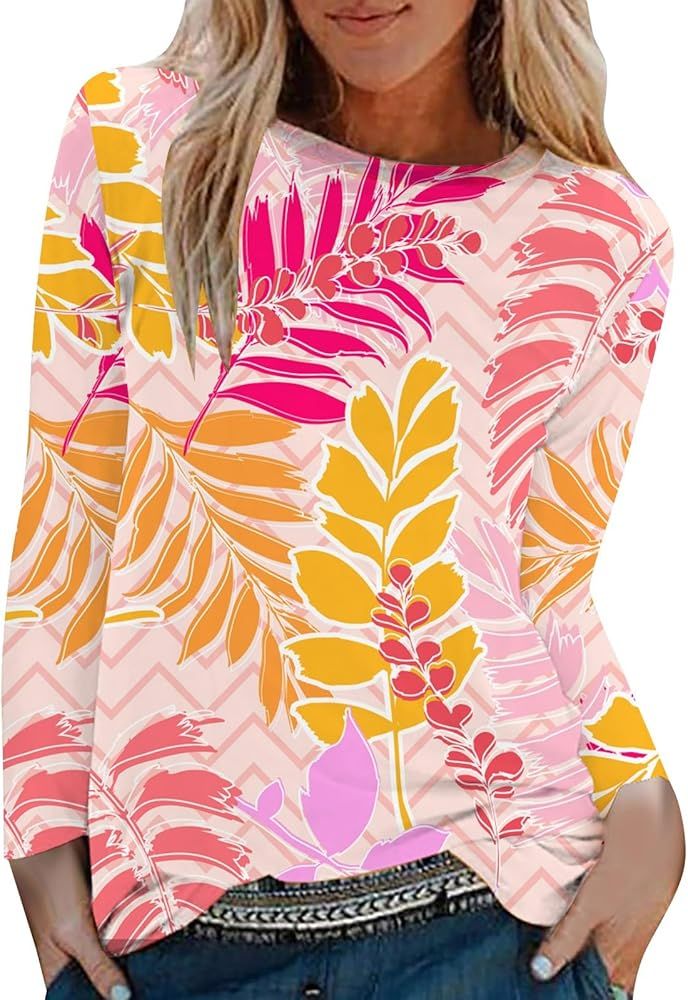 YuanJuli Women's Shirts Long Sleeve Floral Print Round Neck Fashion T Shirt Tops Blouse | Amazon (US)
