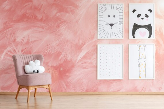 Pink Wallpaper with Feathers, Wallpaper for Kids, Nursery Wall Mural, Peel and Stick, Self-Adhesi... | Etsy (US)