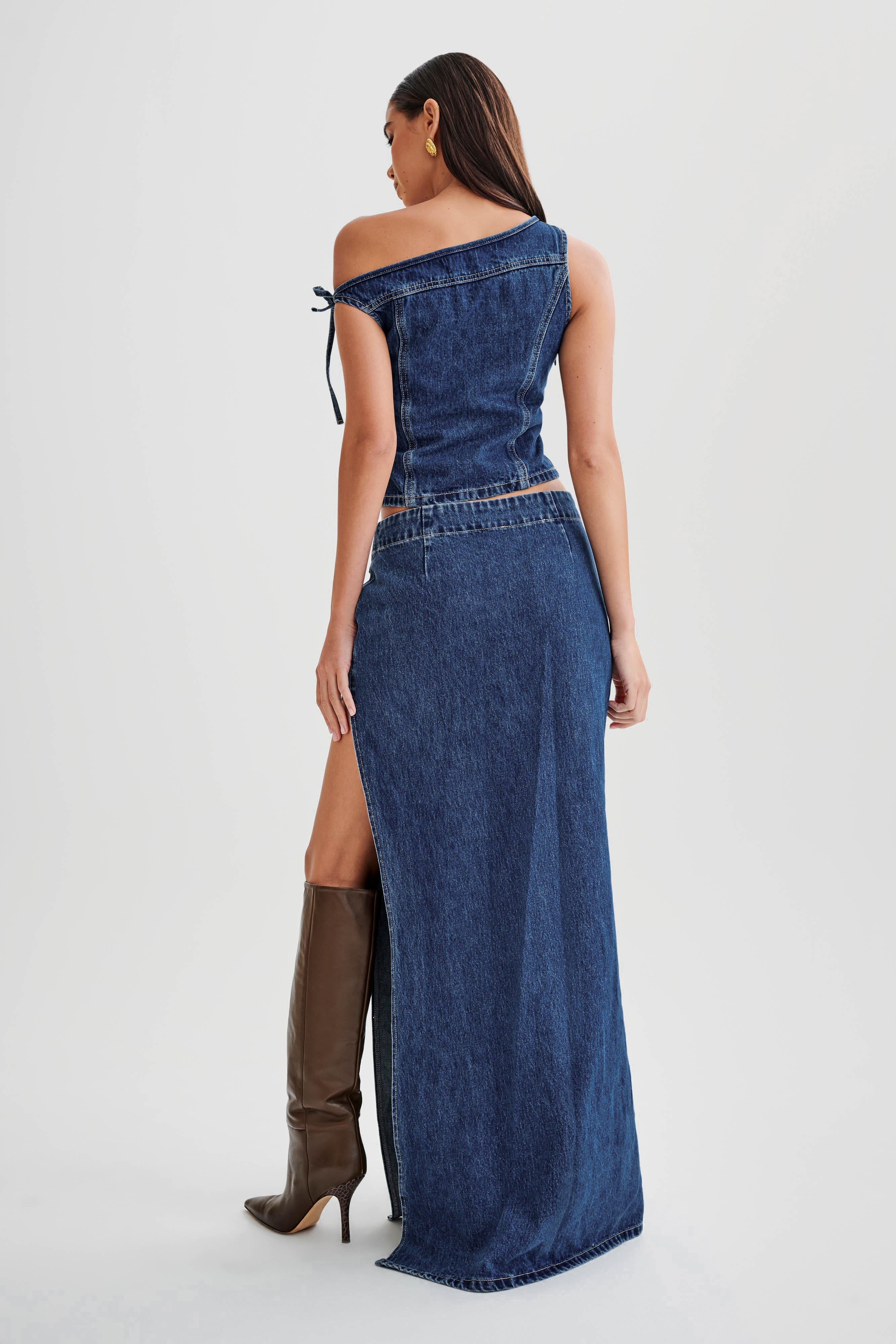 Ramsey Denim Maxi Skirt With Split - Dark Blue | MESHKI US