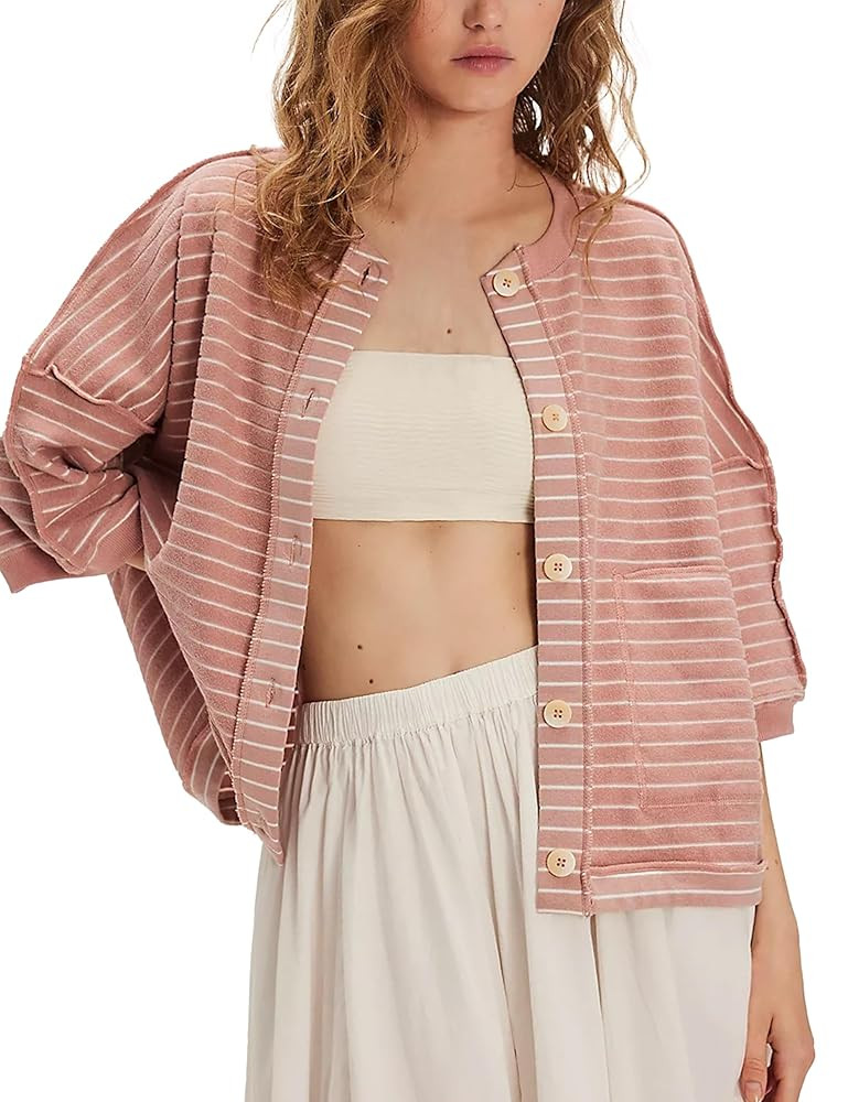 Women’s Y2K Striped Cardigan Sweatshirt 3/4 Sleeve Button Down Cardigans Lightweight Spring Sum... | Amazon (US)