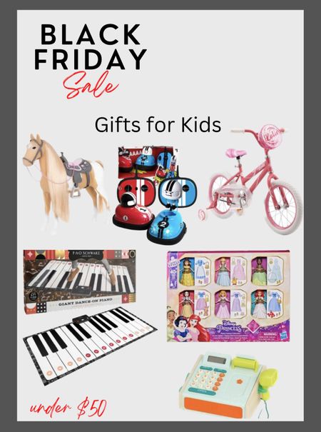 Gift ideas for kids all under $50 on Black Friday sale. Includes a horse figurine and accessories set, a bumper cars toy set, a bike, life size walking piano, Disney princesses fashion set with outfits for the dolls, and a cash register set. Also linking a floor basketball set. 

#LTKunder50 #LTKGiftGuide #LTKkids