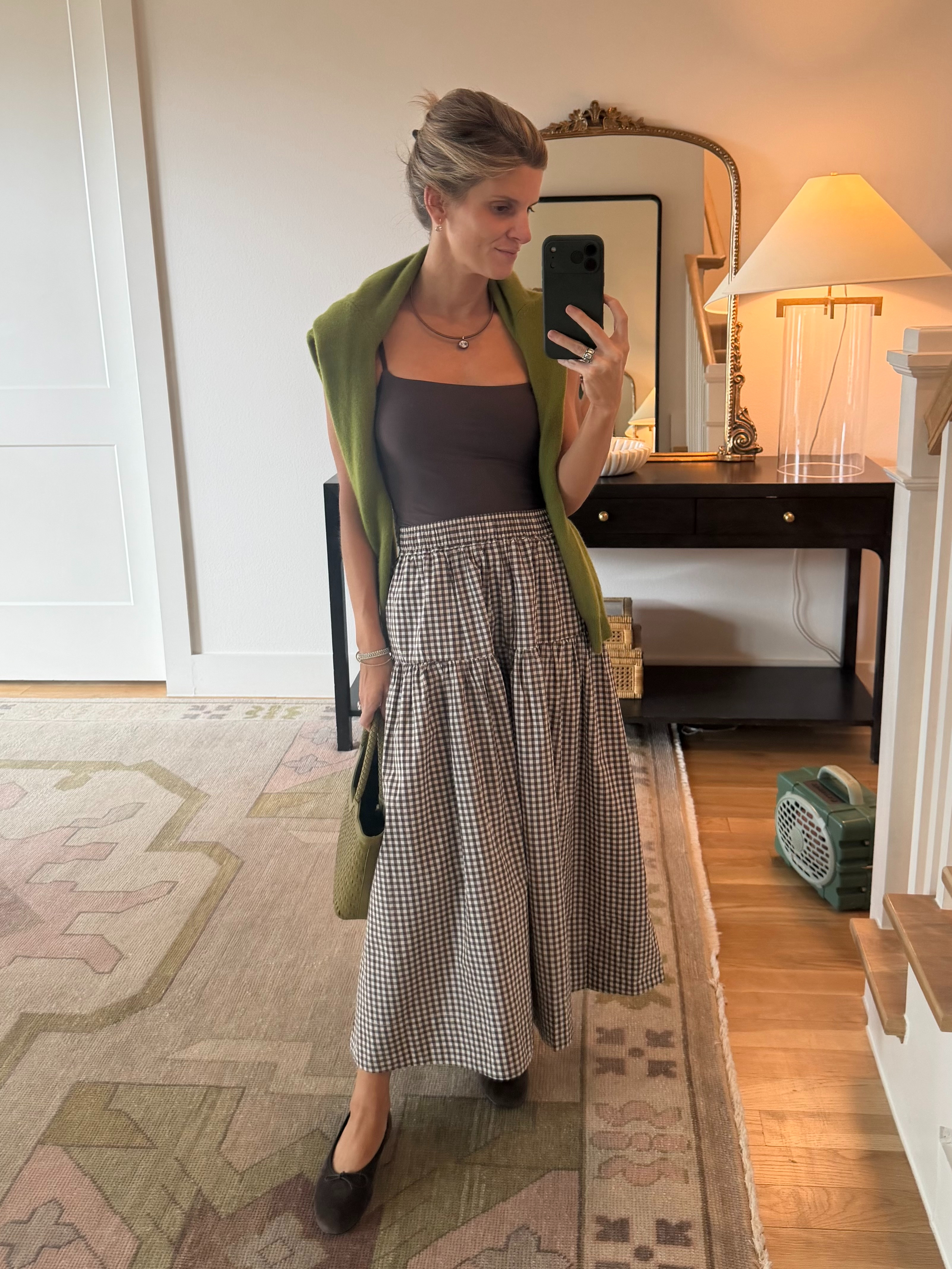 Brown gingham midi skirt and favorite bra-free tank from Abercrombie with pops of chartreuse! 

 #LTKootd