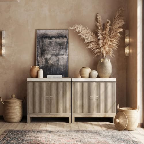 BELLEZE Set of 2 Anton Sideboard Buffet Cabinet - Travertine Greige | 63 Inches,Fluted Reeded Doo... | Amazon (US)