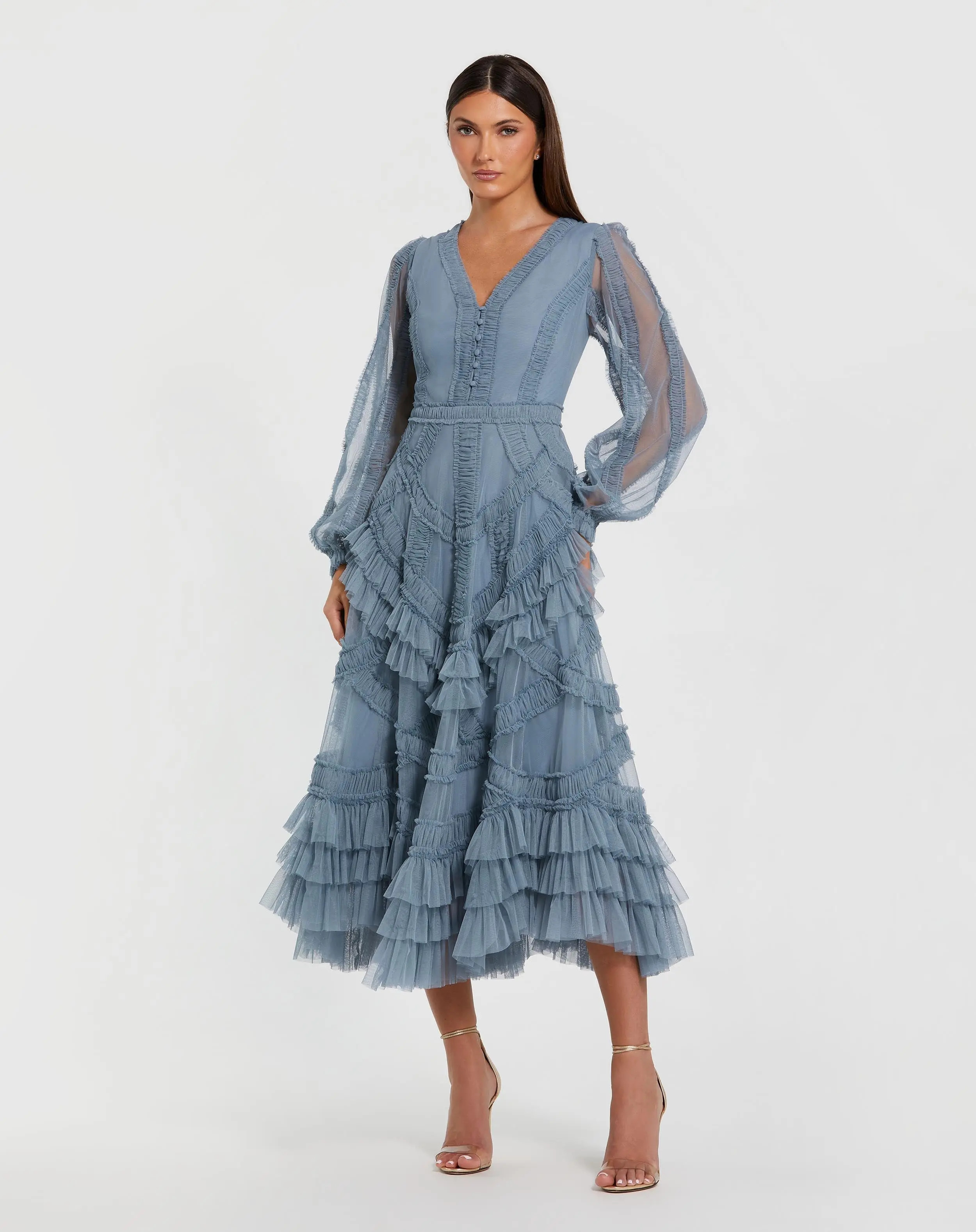 Blue Long Sleeve V-Neck Micro Ruffle Midi Dress | Mac Duggal | Mac Duggal