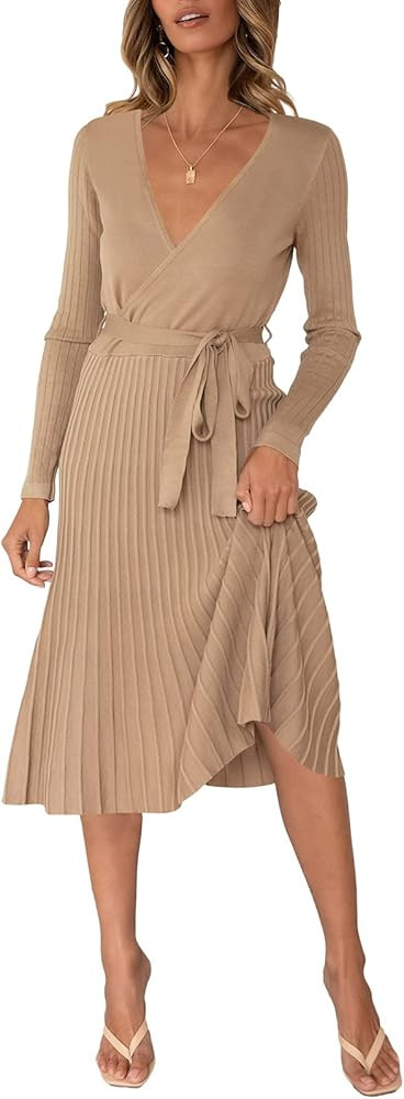 Pink Queen Women's Wrap Sweater Dress V Neck Long Sleeve Ribbed Swing Knit Midi Dresses with Belt | Amazon (US)