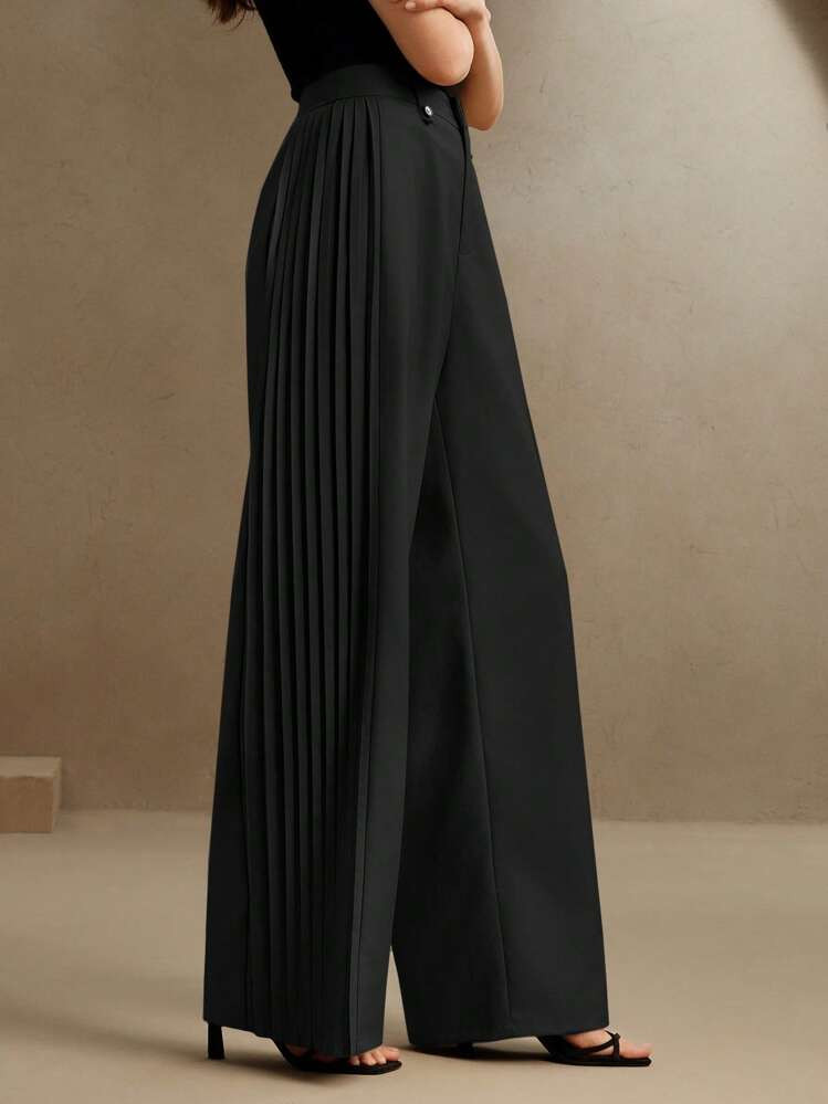 Anewsta Women's Spring/Summer Pleated Elegant City Pants, Wide-Leg Silhouette, Old Money, Modest | SHEIN