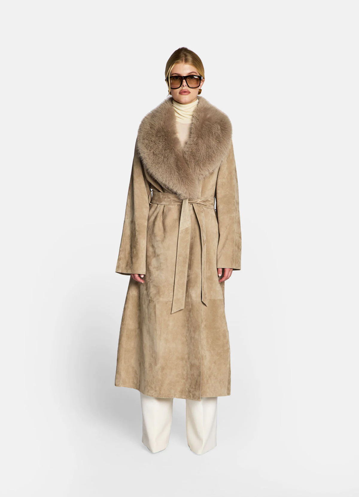 Sand Suede Wrap Coat With Faux Fur Trim | DE SAVARY LONDON