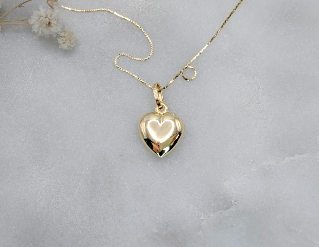 14k Gold Heart Necklace, Solid Gold, Dainty Hollow Puffy Heart Pendant, Small Real Gold Waterproo... | Etsy (US)