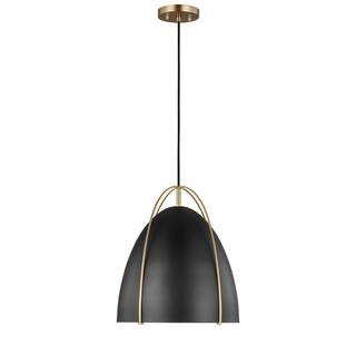 Norman 1-Light Satin Brass Modern Industrial Hanging Pendant with Black Metal Shade and Dimmable LED Bulb | The Home Depot