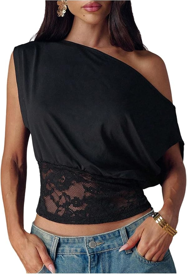 Floerns Women's Off The Shoulder Lace Crop Tops Summer Asymmetrical Going Out T Shirt | Amazon (US)