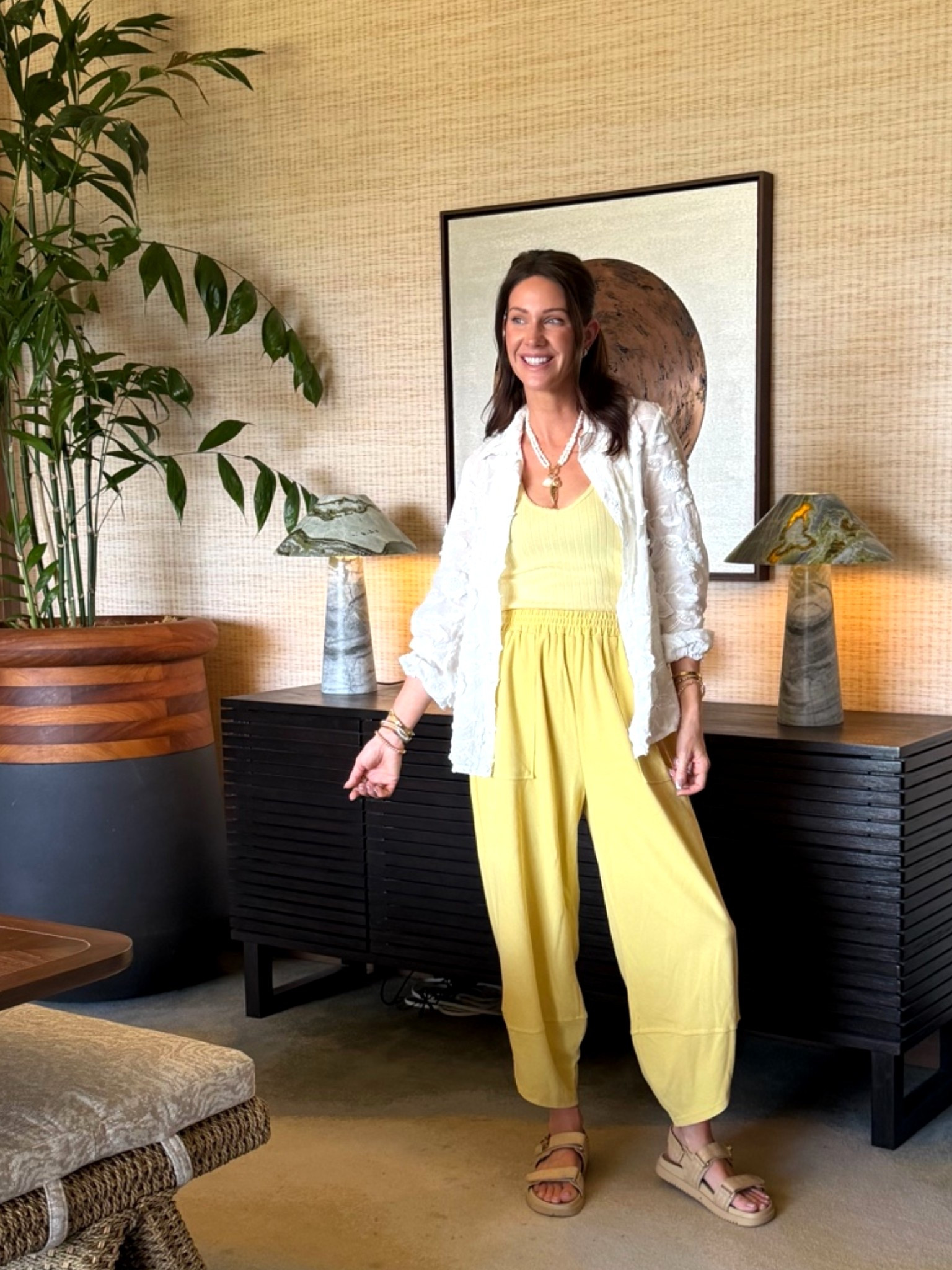 Travel day outfit. Pants are a medium. Tank top is a small. And the white outer layer is part of a two piece set. I’m wearing a small. Fish necklace got me so many compliments and the shoes are def comfortable enough for a long travel day.

#LTKootd #LTKgrwm #LTKTravel