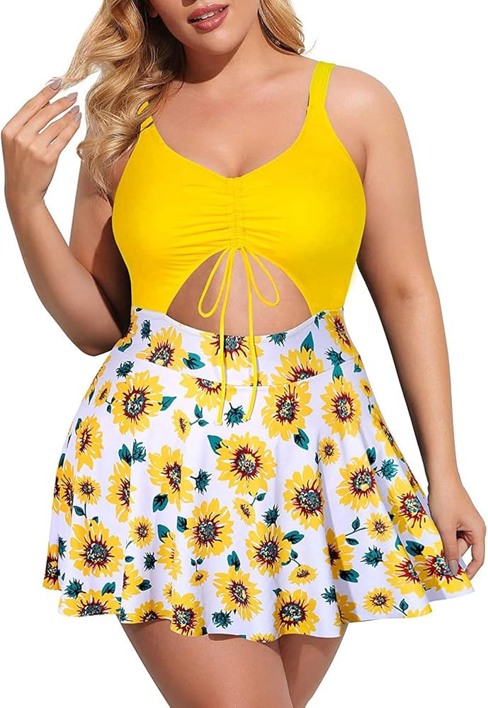 Yonique Women Plus Size One Piece Swimsuits with Skirt V Neck Floral Printed Swimdress Cutout Bat... | Amazon (US)