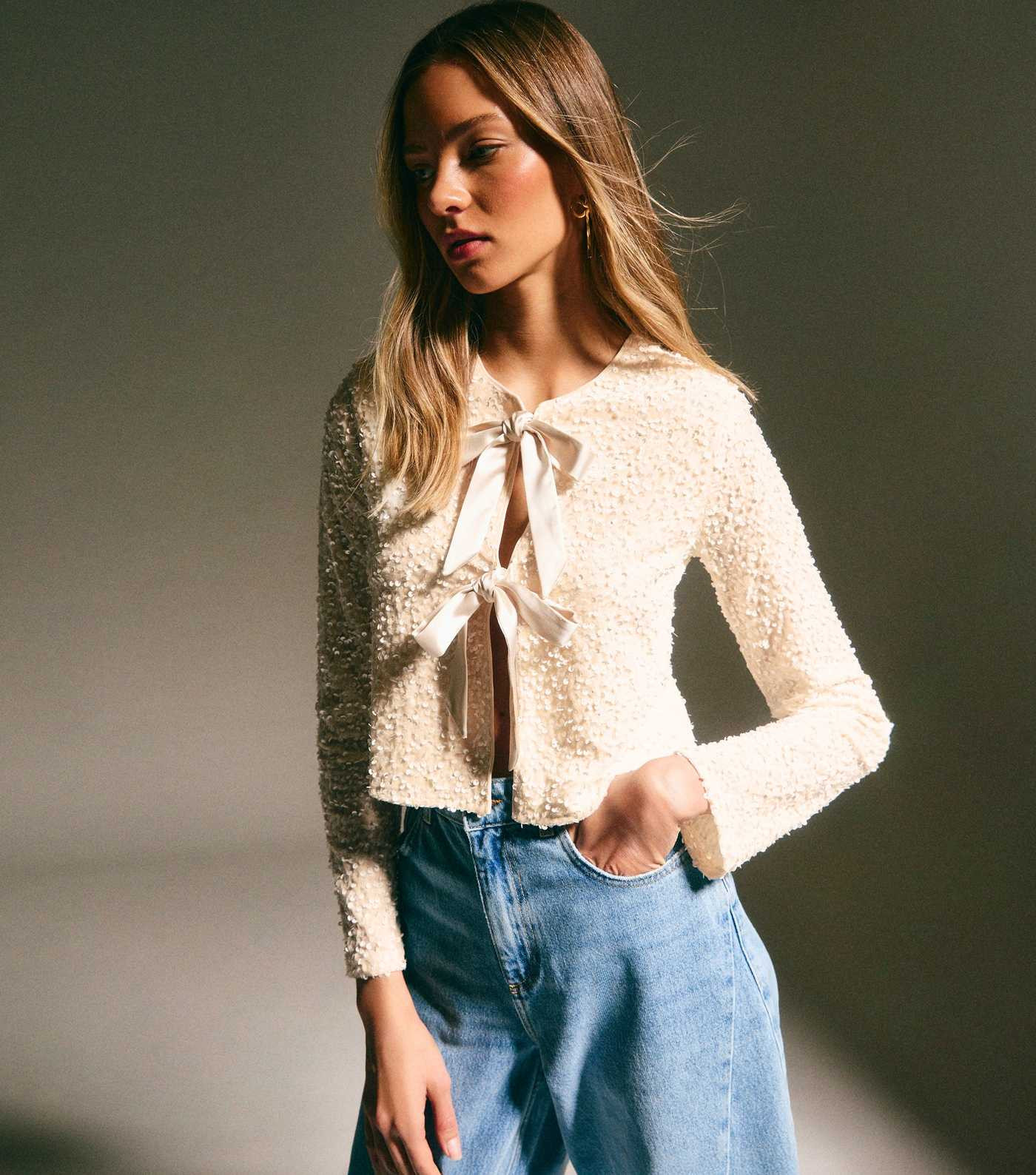 Cream Velvet Sequin Embellished Tie Front Cardigan | New Look | New Look (UK)