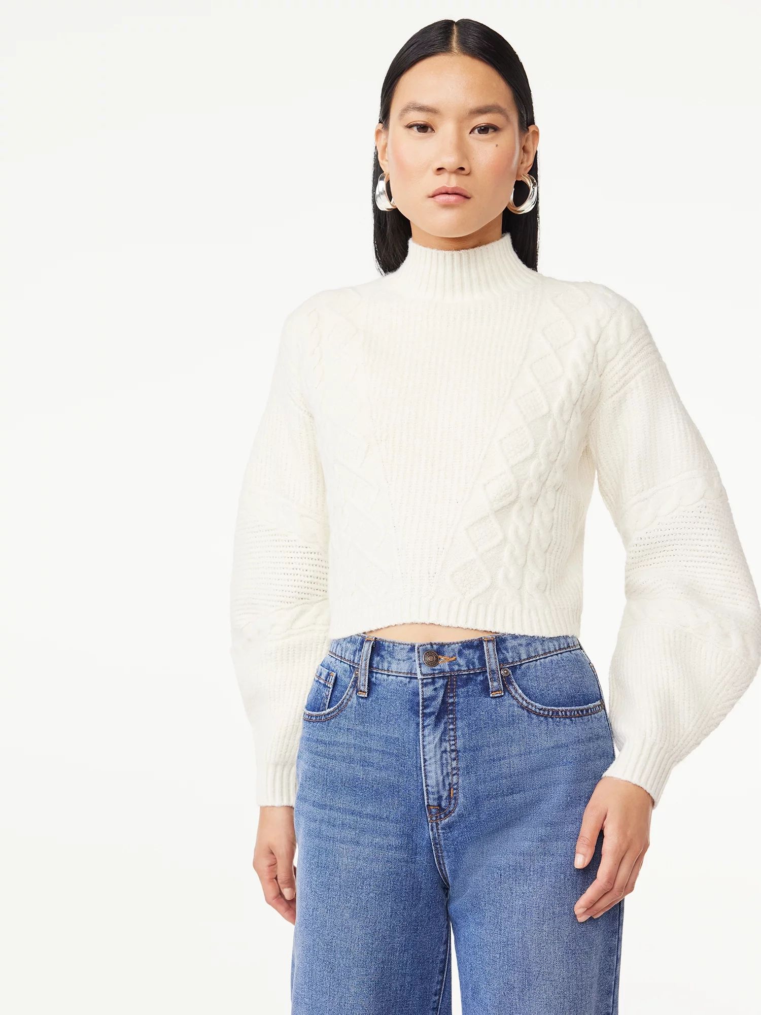Scoop Women's Crop Cable Pullover Sweater with Long Sculpted Sleeves, Sizes XS-XXL - Walmart.com | Walmart (US)
