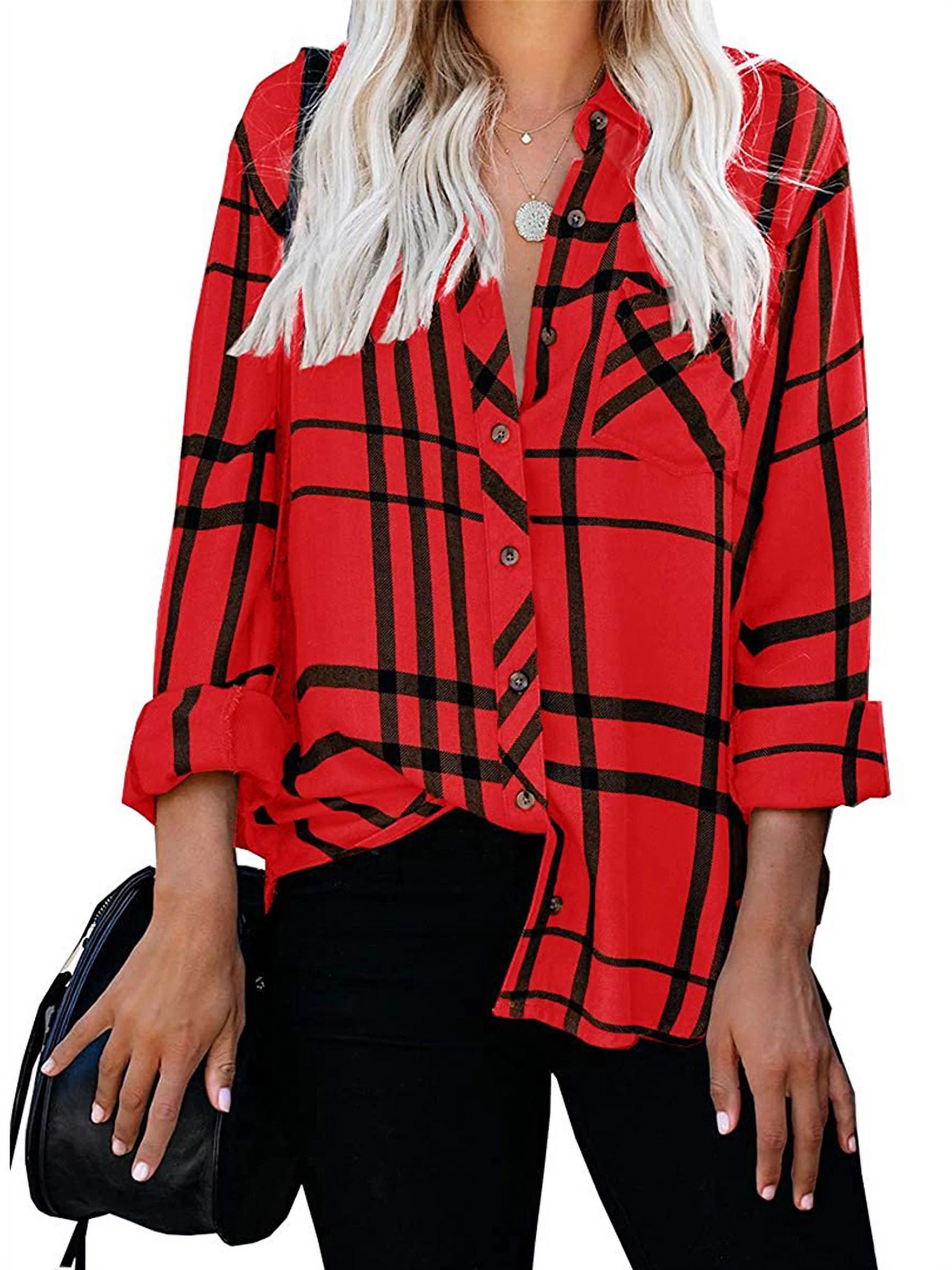 Arttop Women Long Sleeve V-Neck Stripes Plaid Casual Blouses Pocket Button Down Shirt Tops - Walm... | Walmart (US)
