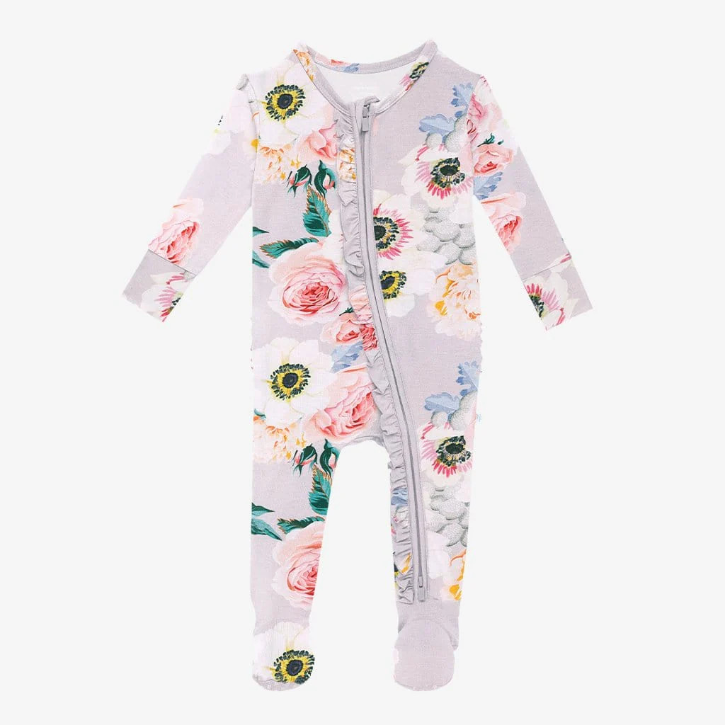 Footie Ruffled Zippered One Piece | French Gray | Baby Girl Sleeper | Posh Peanut