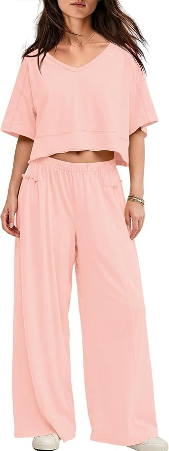 Yanekop Womens Two Piece Lounge Set for Summer Airport Travel Outfit V Neck Crop Tops and Wide Le... | Amazon (US)
