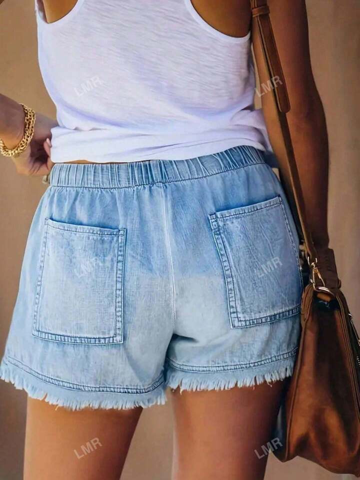 Women's Casual Elasticated Waist Fringe Trim Denim Shorts | SHEIN