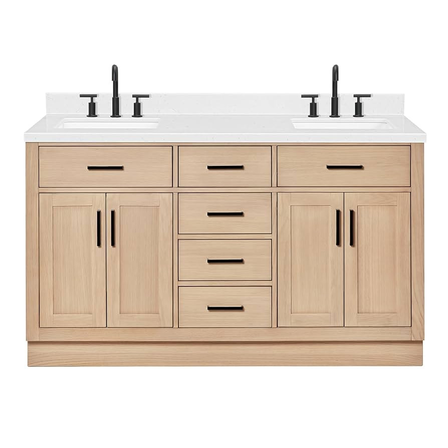 ARIEL Hepburn 60" Inch Oak Double Bathroom Vanity with Sink, Carrara White Quartz Countertop 1.5 ... | Amazon (US)