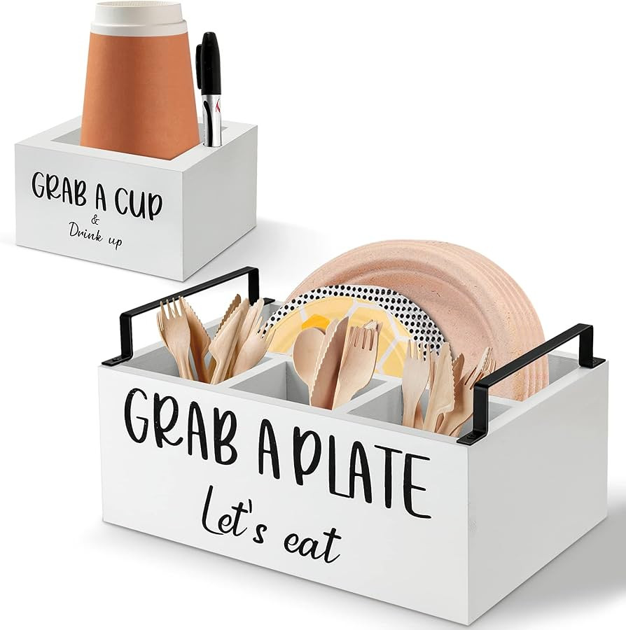 Paper Plate Dispenser for Countertop, Wood Silverware Caddy, Rustic Paper Plate Holders, Napkin H... | Amazon (US)