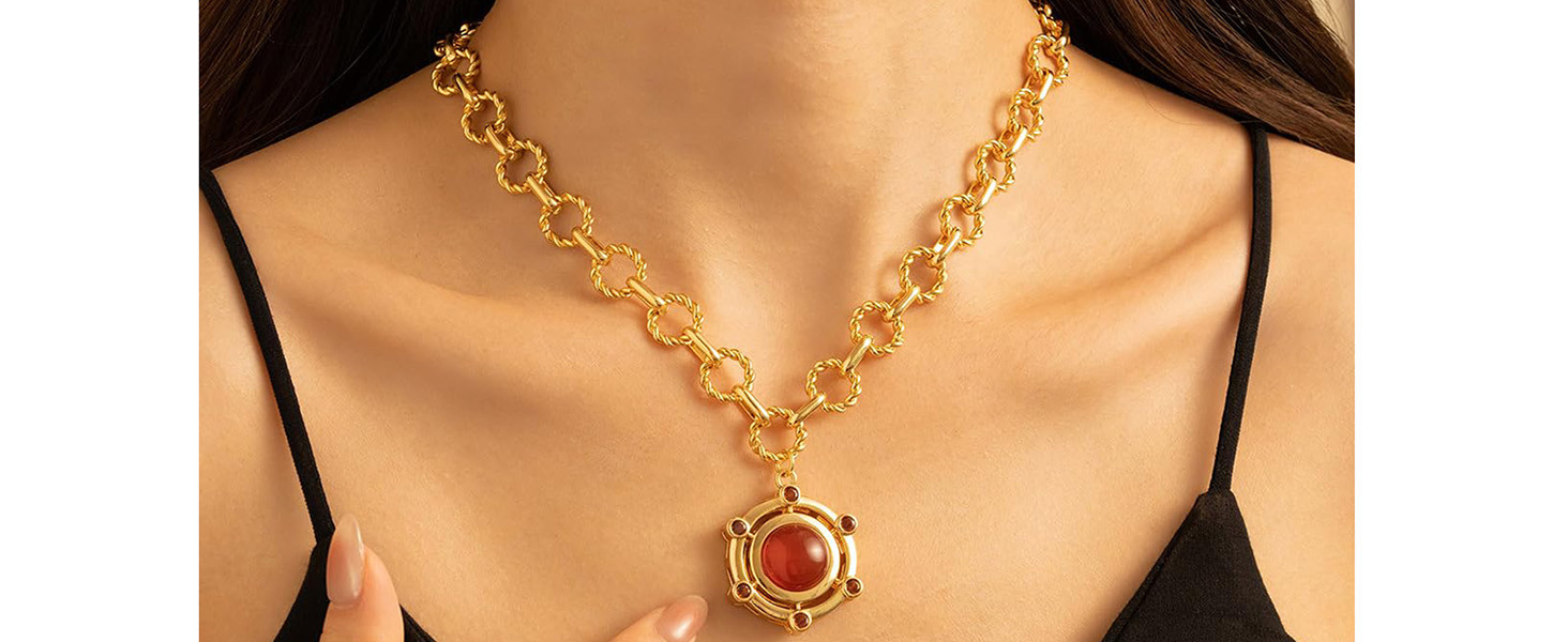 18K Gold-tone Plated Agate Necklaces for Women |Statement Gemstone Pendant Necklace | Carnelian, ... | Amazon (US)