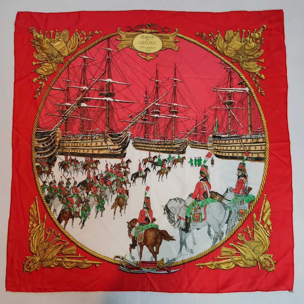 Authentic HERMES Carre 90 100% Silk Scarf Red MARINE ET CAVALERIE | eBay US