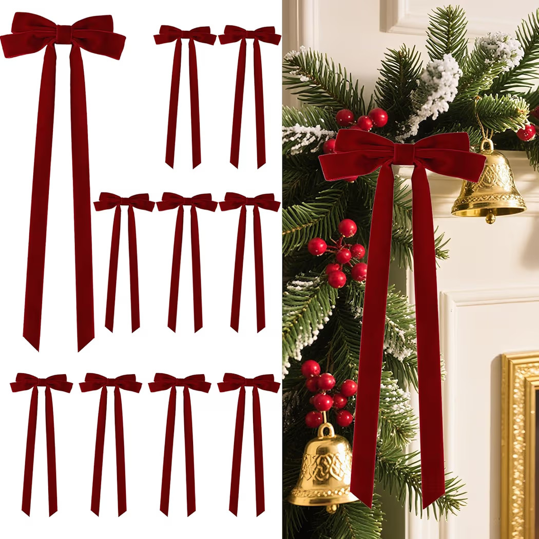 Senjie 10Pcs Large Velvet Christmas Tree Bows, 20in x 8in Premade Vintage Ribbon Tree Topper Bows... | Amazon (US)
