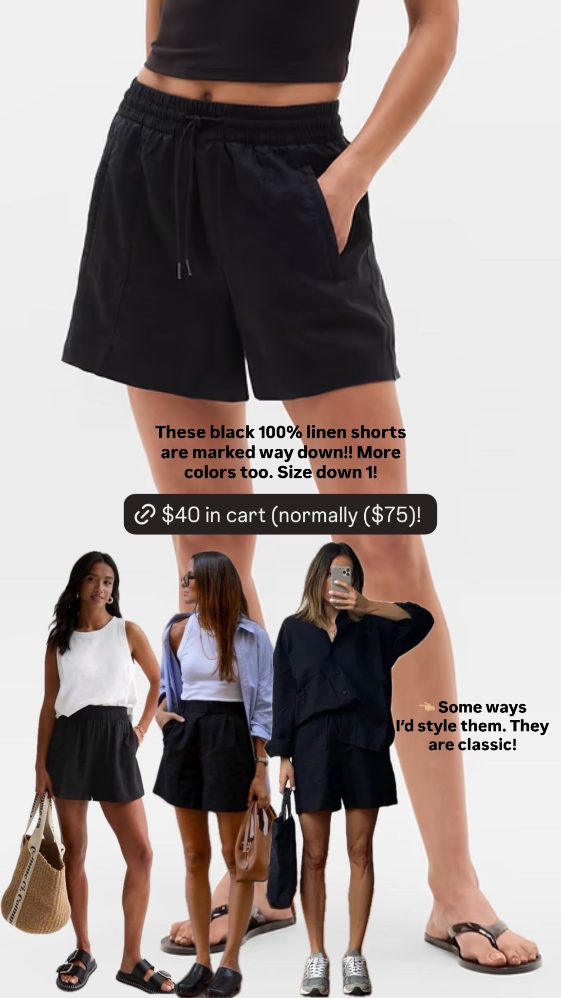 These black 100% linen shorts are marked way down!! More colors too. Size down 1! 👈🏼 Some ways 
I’d style them. They are classic!