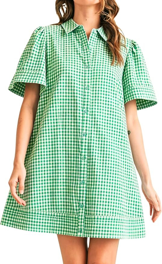 Womens Short Sleeve Button Down Mini Shirt Dress Lapel Collar Short Dresses with Pocket | Amazon (US)
