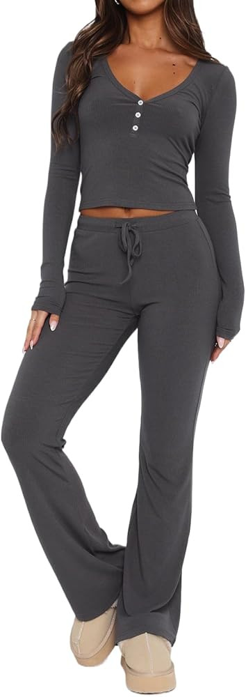 ForeFair Womens Knit Ribbed 2 Piece Pajama Set Long Sleeve Button Crop Top And Flare Long Pants S... | Amazon (US)