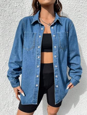 SHEIN EZwear Patched Pocket Curved Hem Denim Shirt | SHEIN