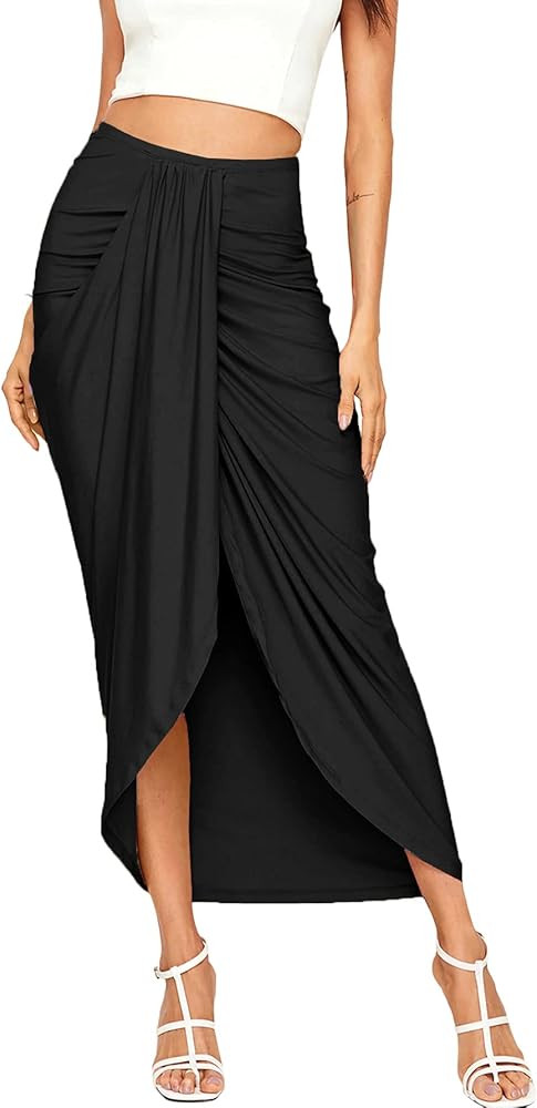 SheIn Women's Casual Slit Wrap Asymmetrical Elastic High Waist Maxi Draped Skirt | Amazon (US)