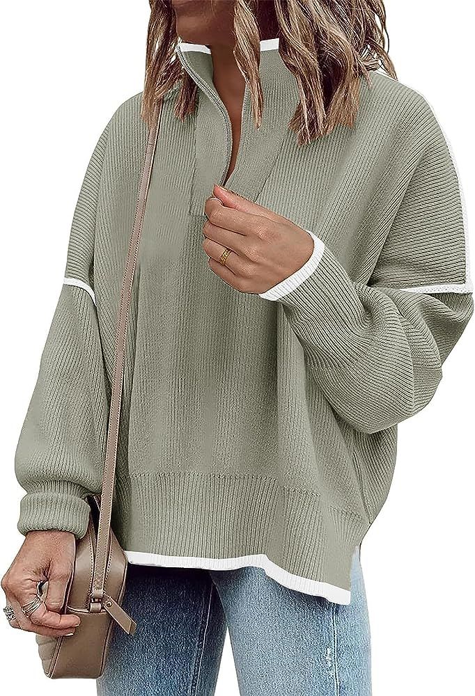 Womens Sweaters Casual Zipper Neck Knit Tops Batwing Sleeve Oversized Sweatshirt Strip... | Amazon (US)
