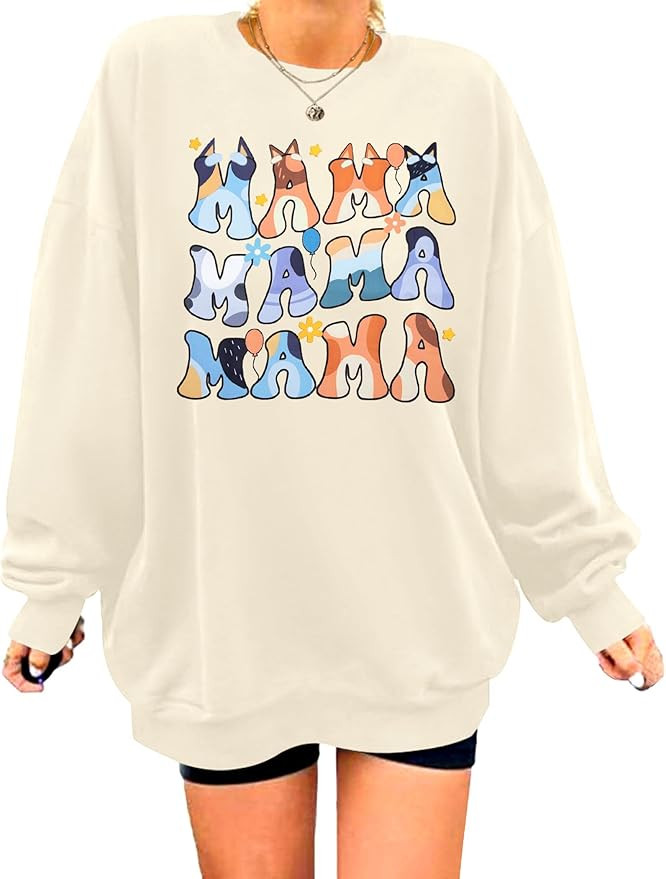 MOUSYA Oversized Mama Sweatshirt Woman Mama Letter Print Pullover Tops Trendy shirt Casual Crewne... | Amazon (US)