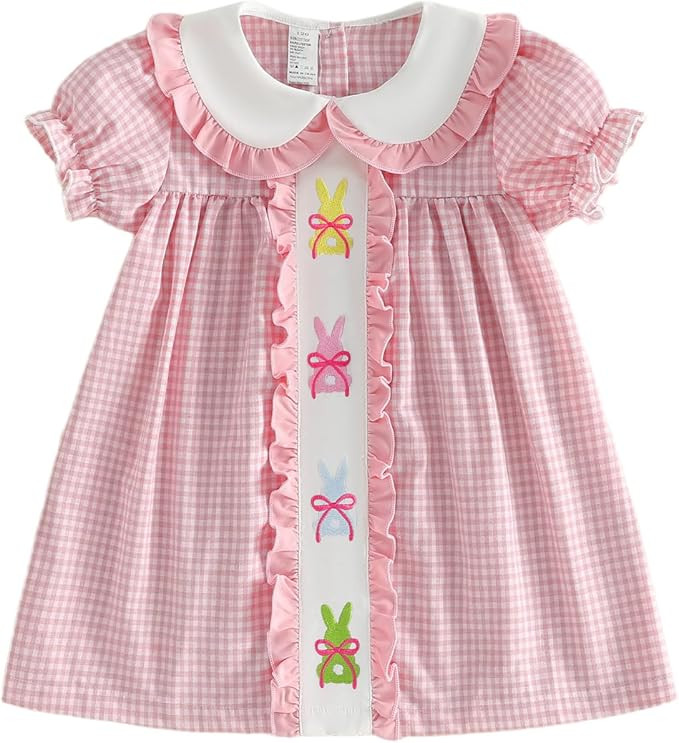 Toddler Baby Girl Easter Dress Bunny Embroidered Ruffle Dress Plaid Short Sleeve Princess Dress E... | Amazon (US)
