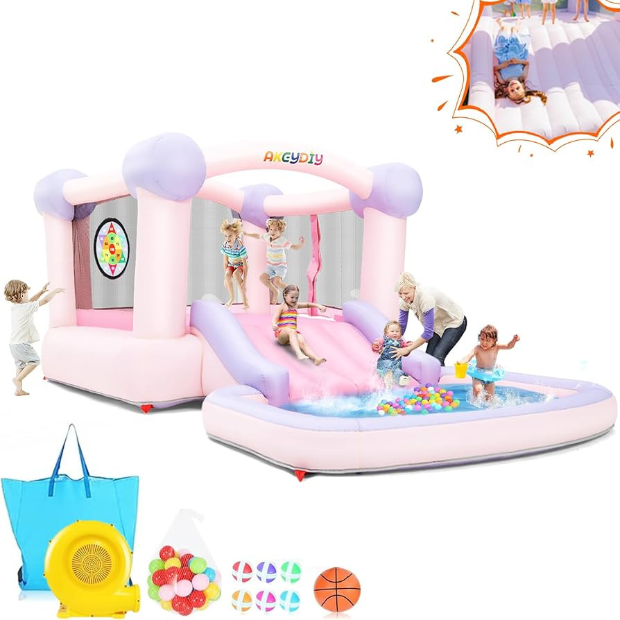 Pink Bounce House for Kids 2-8 with Air Blower,13 x 7 FT Inflatable Bouncer with Big Ball Pit/Wat... | Amazon (US)