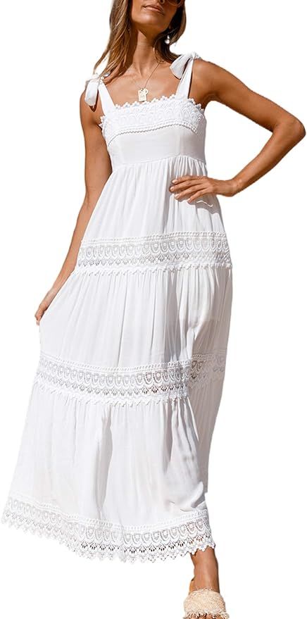 HaSaiki Women's Bohemian Lace Maxi Dresses Square Neck Sleeveless Beach Party Long Dress Sundress | Amazon (UK)