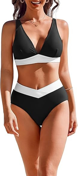 AI'MAGE High Waisted Bikini Set for Women Tummy Control Women's 2 Piece Bathing Suit V Neck Sexy ... | Amazon (US)
