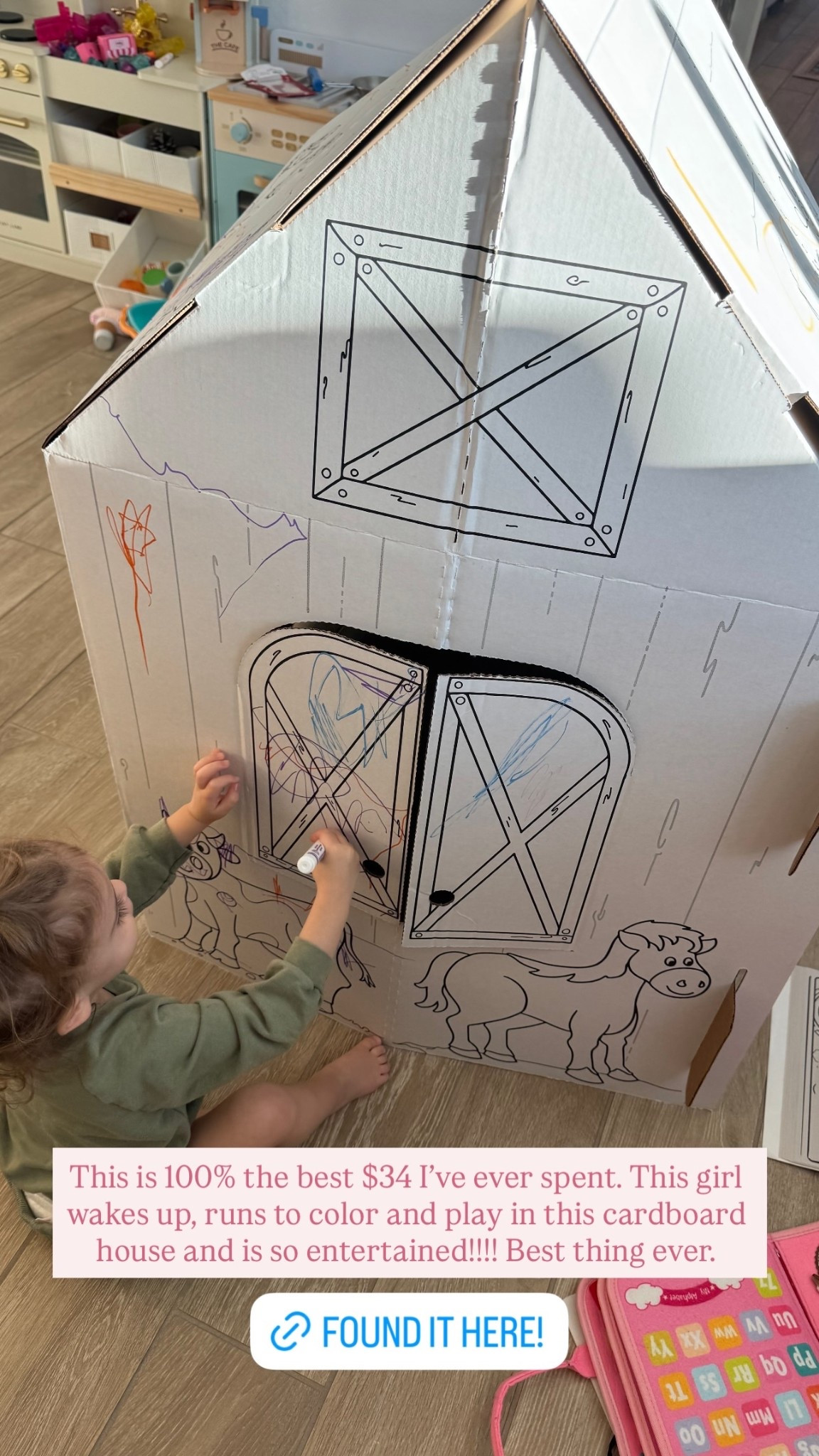 This is 100% the best $34 I’ve ever spent. This girl wakes up, runs to color and play in this cardboard house and is so entertained!!!! Best thing ever.