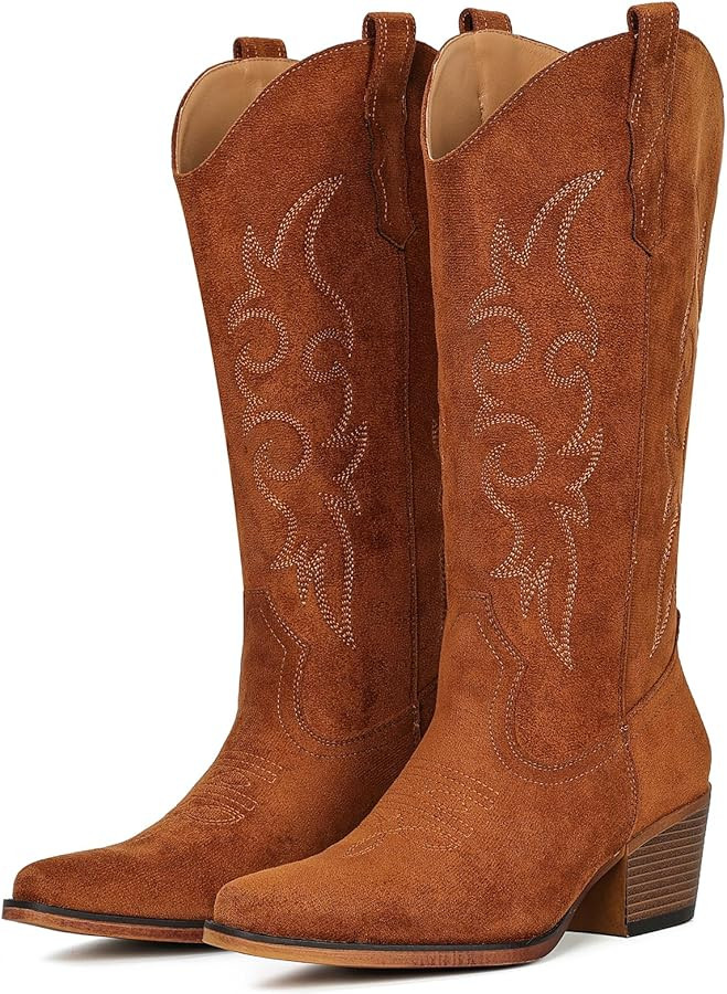IUV Cowboy Boots For Women Western Cowgirl Boots Mid Calf Snip Toe Boot With Chunky Heel | Amazon (US)