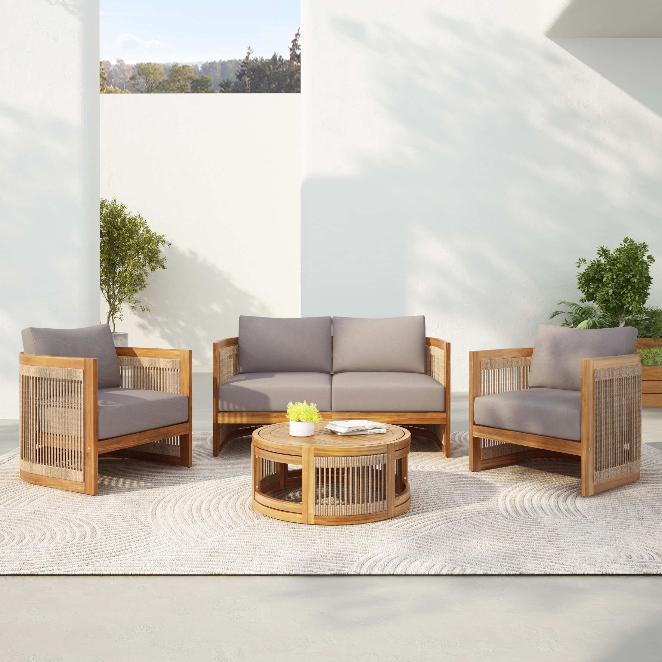 Christopher Knight Home 4-Piece Outdoor Conversation Set, Curved Woven Rope Chairs & Coffee Table... | Walmart (US)