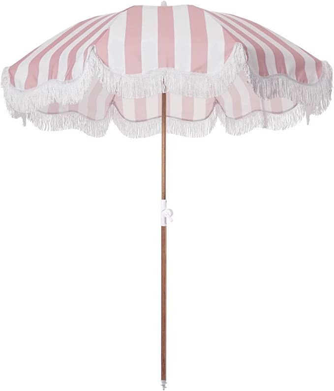 Business & Pleasure Co. Holiday Umbrella - Pink Boho Beach Umbrella with Fringe - UPF 50+ Blocks ... | Amazon (US)