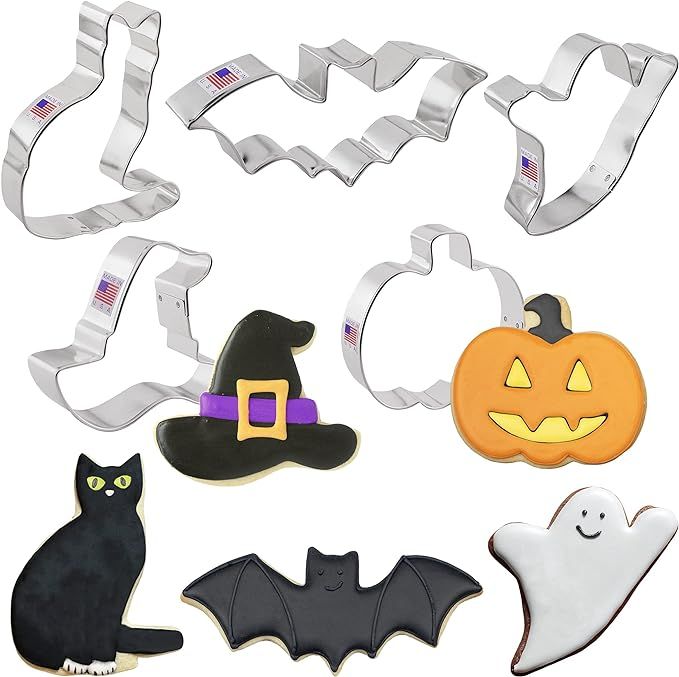 Halloween Cookie Cutters - Pumpkin, Spooky Cat, Ghost, Bat, Witch Hat & Recipe Booklet, Made in U... | Amazon (US)