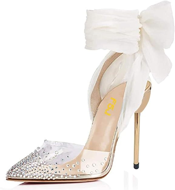 FSJ Women High Heel Ankle Strap Sandals Pointed Toe Rivets Pumps PVC Club Dress Shoes with Studs ... | Amazon (US)