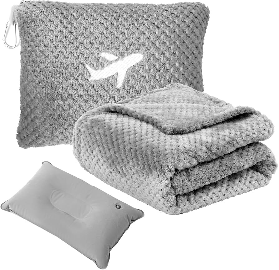 3 in 1 Travel Pillow and Blanket Set - 280 GSM Travel Blanket Airplane Compact with Bag, Inflatab... | Amazon (US)